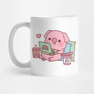 Cute Pig Chilling With Laptop Boba Tea And Instant Noodles Mug